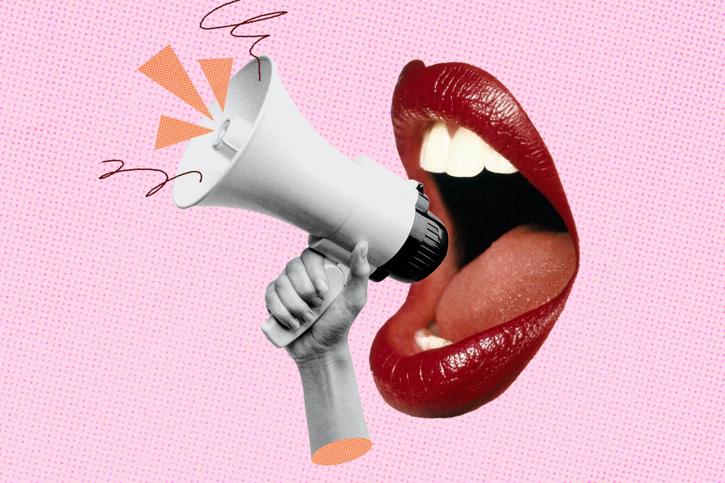 A collage of a woman's lips yelling into a megaphone to illustrate the experience of TikTok yelling.