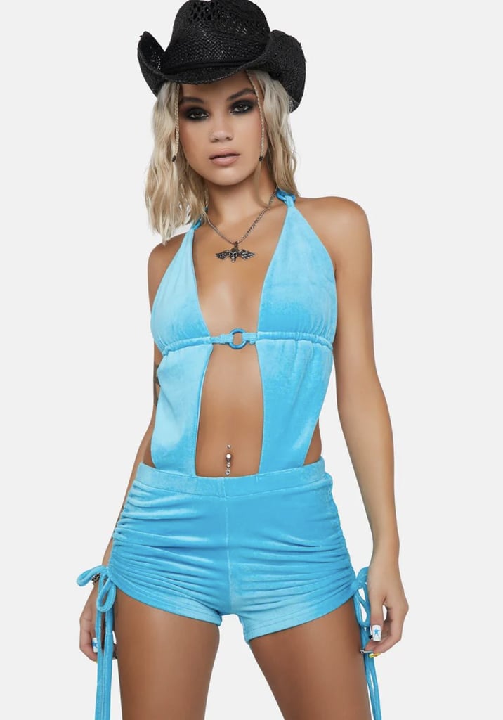 Velour Plunging Cutout Romper in Blue