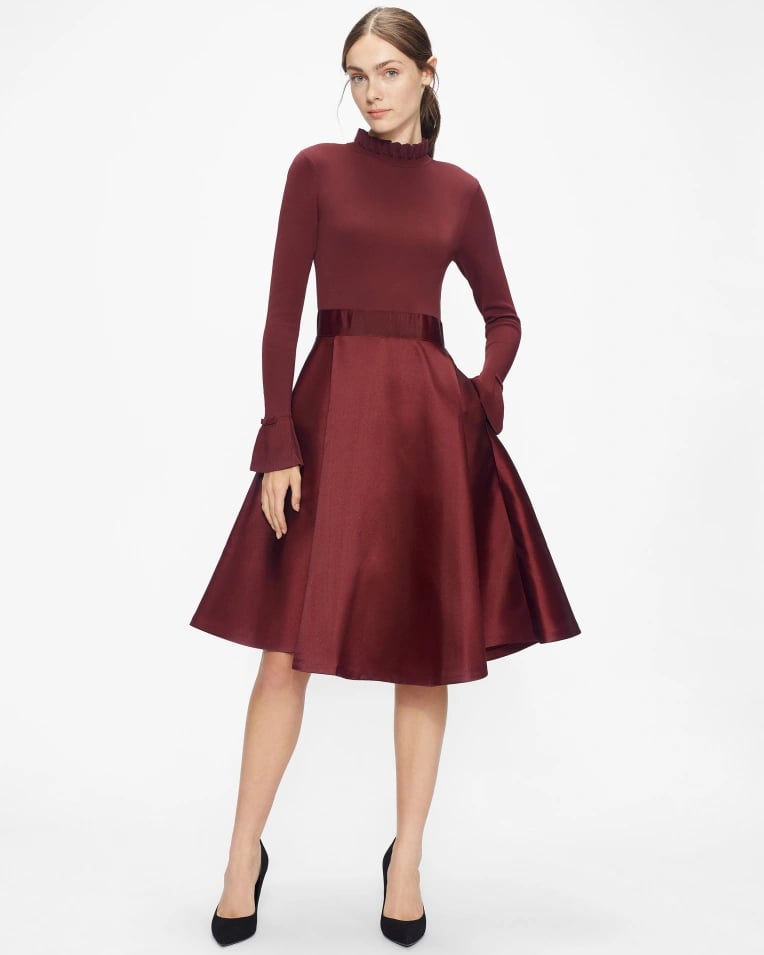A Rich Wine Hue: Ted Baker Knitted Frill Full Skirt Dress in Deep Purple