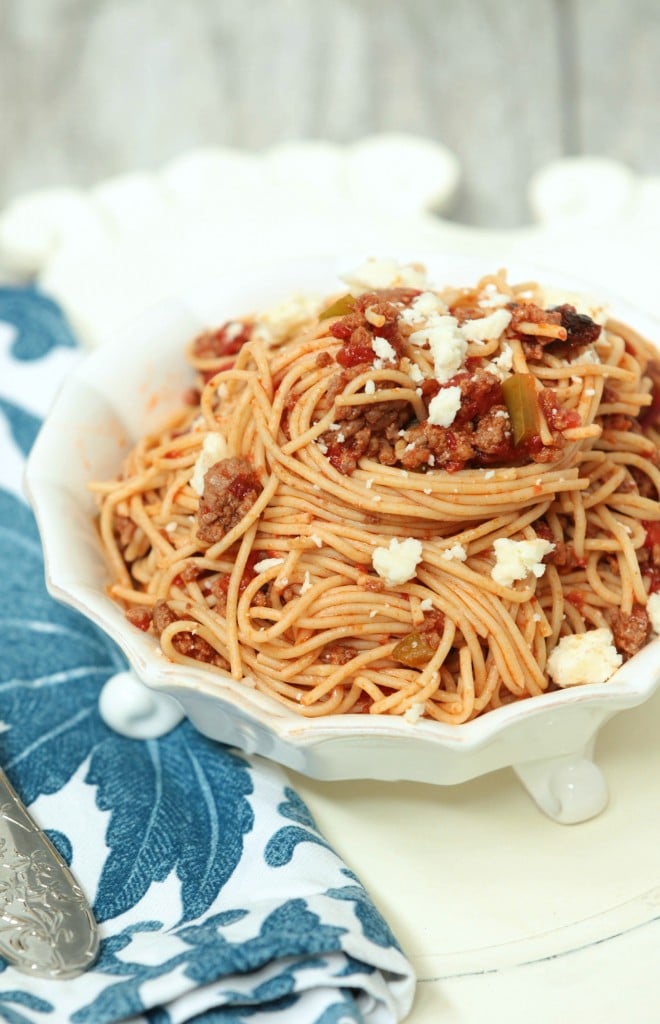 Spaghetti With Ground Beef, Chipotle, and Cotija Cheese