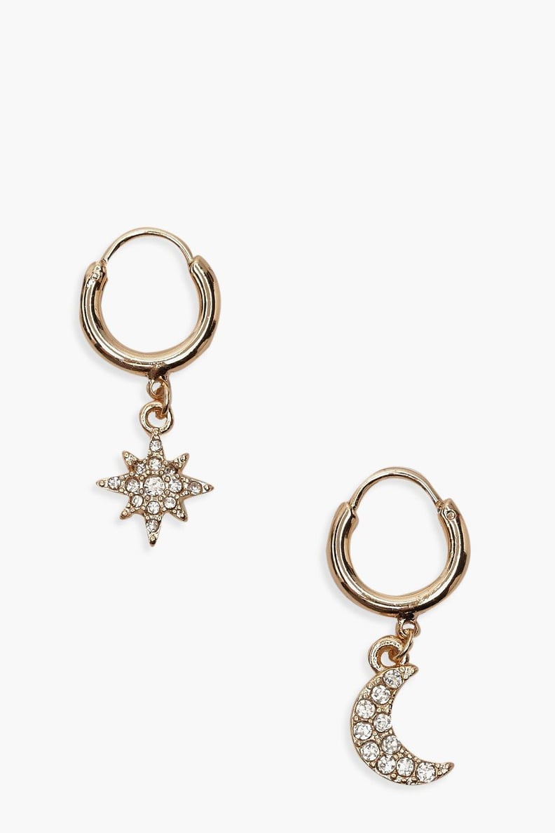 Star And Moon Diamante Huggie Hoop Earrings