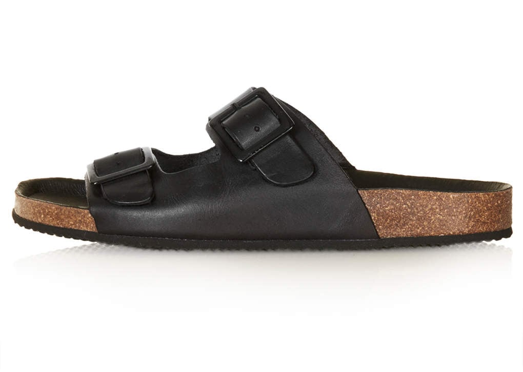 Topshop black leather double-strap cork flat sandals ($65)