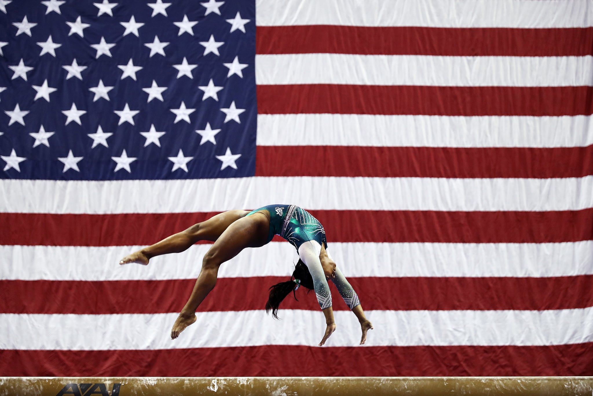 KANSAS CITY, MISSOURI - AUGUST 09:   Simone Biles competes on the balance beam during the Senior Women's competition of the 2019 U.S. Gymnastics Championships at the Sprint Center on August 09, 2019 in Kansas City, Missouri. (Photo by Jamie Squire/Getty Images)