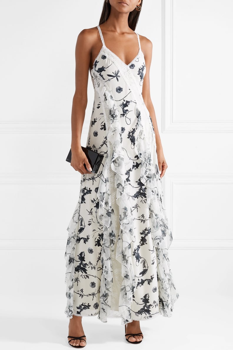 Alice + Olivia Jayda Lace Trimmed Ruffled Floral Print Silk Crepe de Chine Maxi Dress