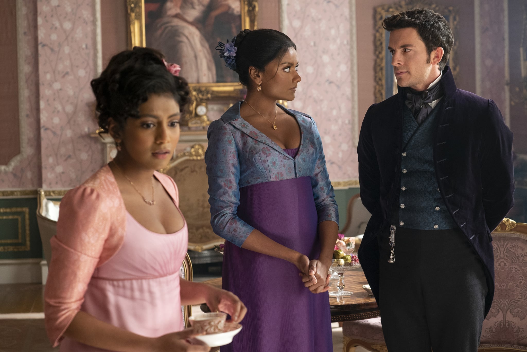 Bridgerton. (L to R) Charithra Chandran as Edwina Sharma, Simone Ashley as Kate Sharma, Jonathan Bailey as Anthony Bridgerton in episode 207 of Bridgerton. Cr. Liam Daniel/Netflix © 2022