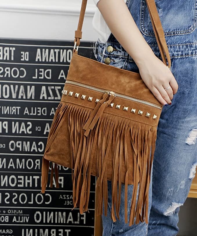 Rarityus Faux Suede Fringe Crossbody Bag