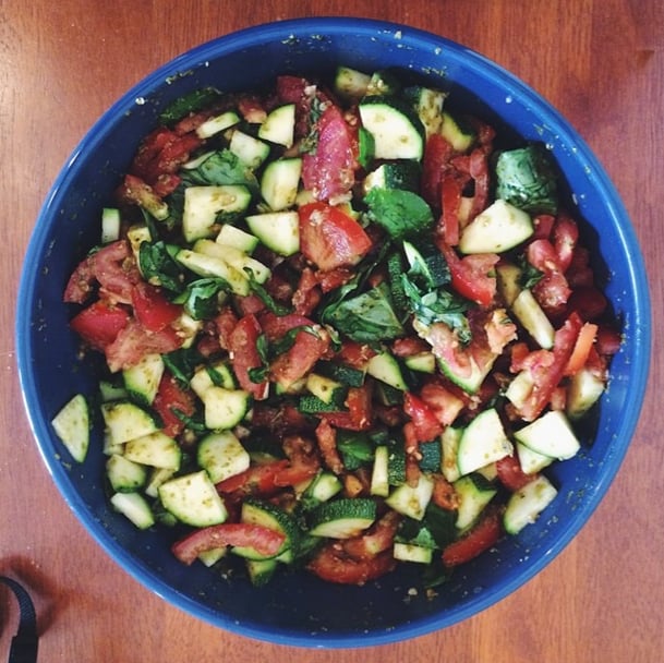 Pick up vine-ripened tomatoes from your local farmers market and combine them with cucumber and basil for a refreshing spin on Italian flavors. 
Source: Instagram user plantbasedtraveler