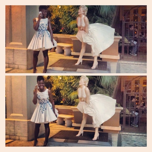 Lupita Nyong'o ogled a Marilyn Monroe statue adorably.
Source: Instagram user lupitanyongo