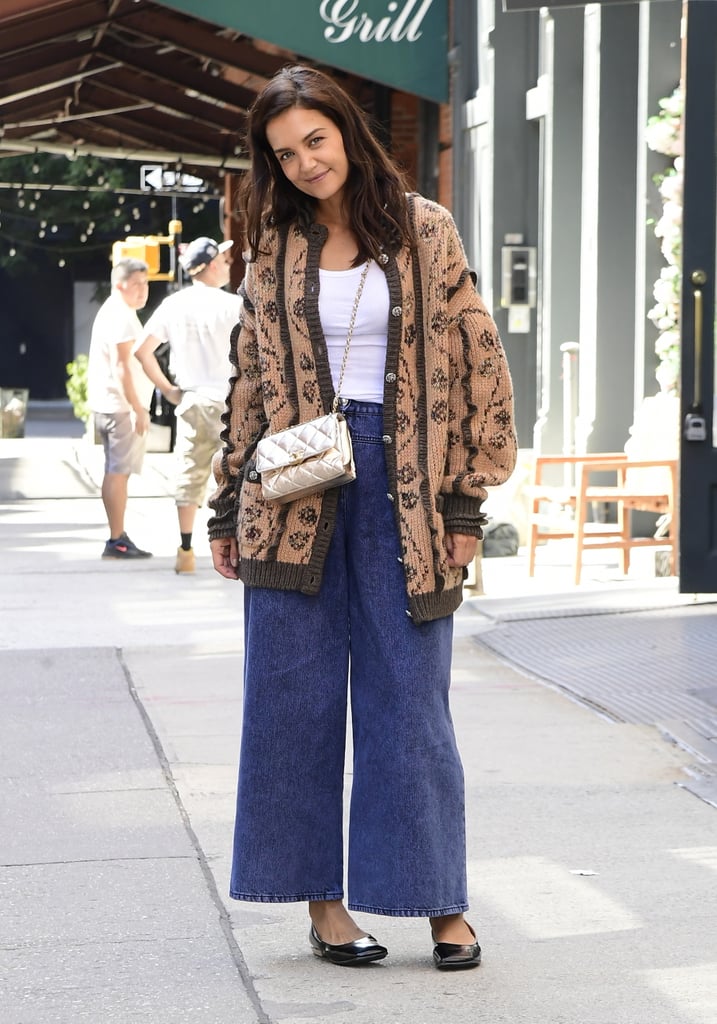 Katie Holmes Wears a Chanel Cardigan and Wide Leg Jeans