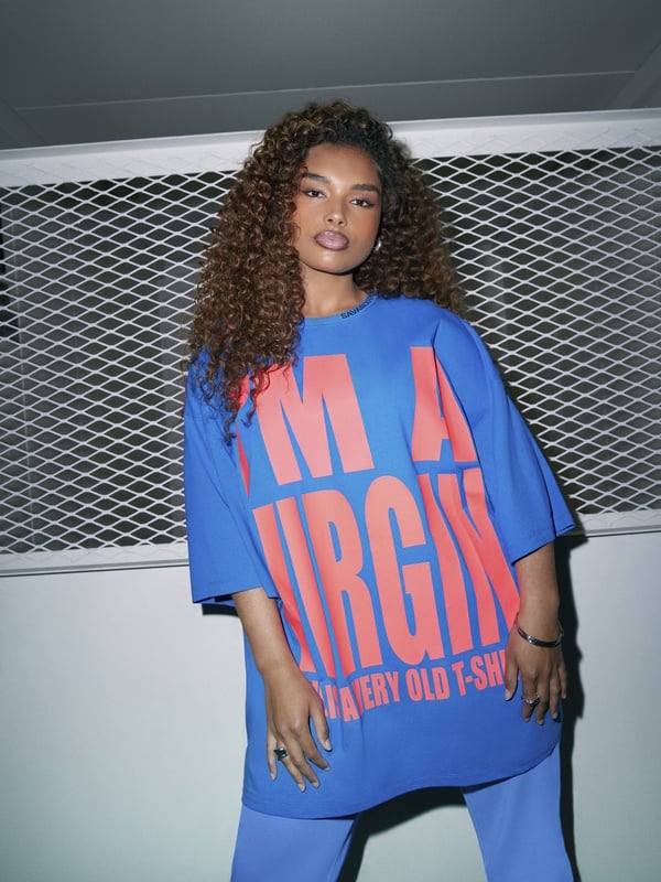 Savage X Fenty I'm a Virgin Oversized Graphic Tee in Sky High Blue