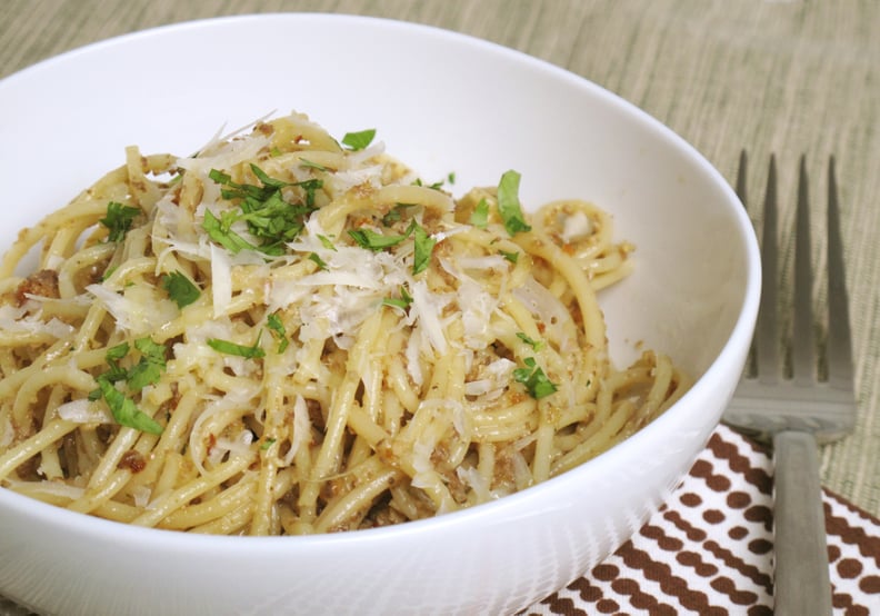 Spaghetti With Morel Shallot Pesto