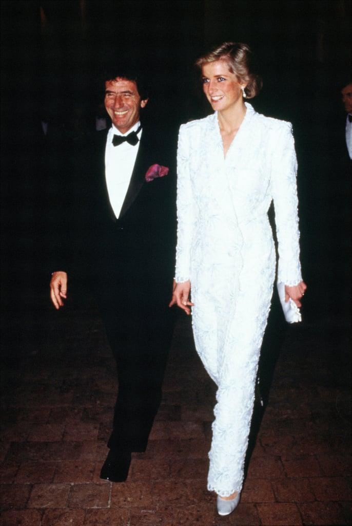 While attending a dinner at the Chateau de Chambord in 1988, Diana looked radiant as ever in a similarly striking, embroidered pantsuit by Catherine Walker.