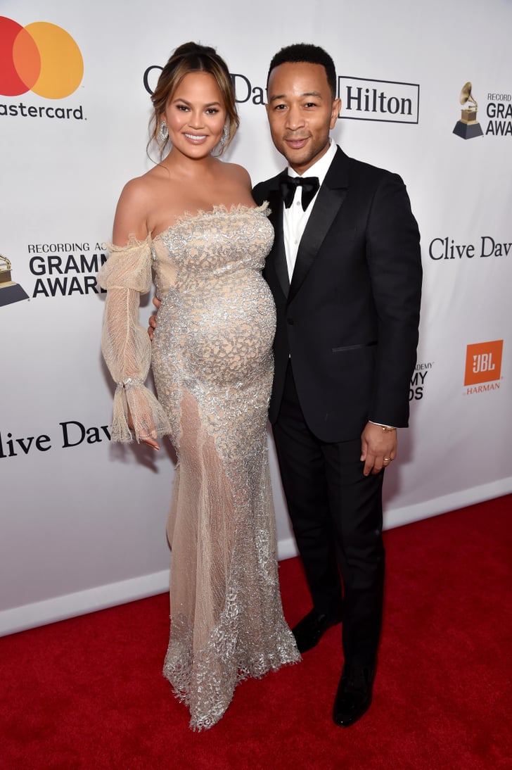 Chrissy Teigen Wearing Cream Off-the-Shoulder Gown