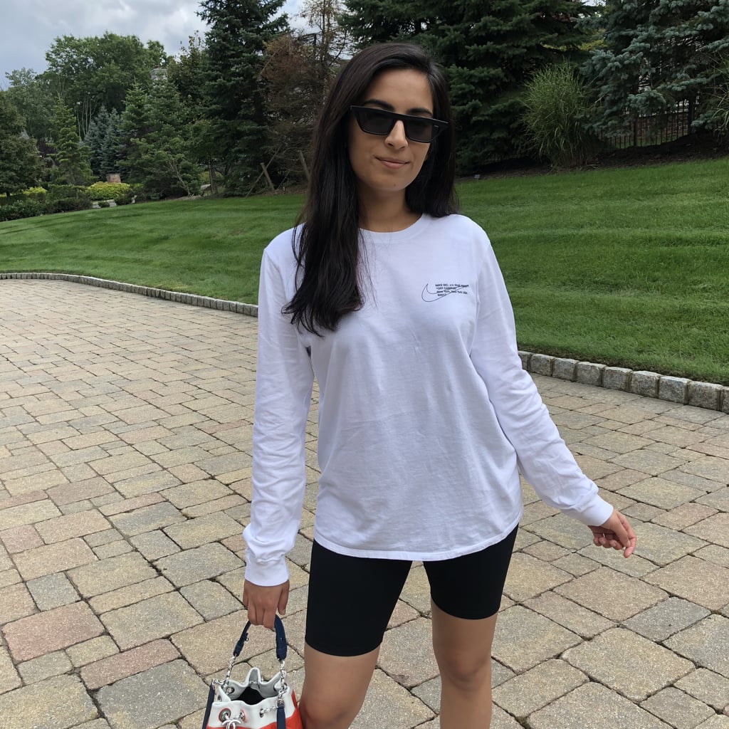 The outfit: I wore my Nike x Off-White tee with the Good American biker shorts, my retro Fila sneakers, a Chanel bucket bag, and Quay sunglasses.