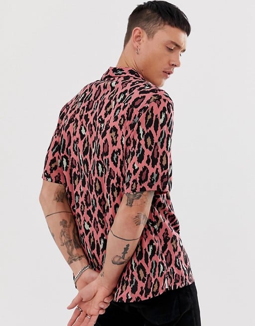 AllSaints revere collar shirt in pink leopard print