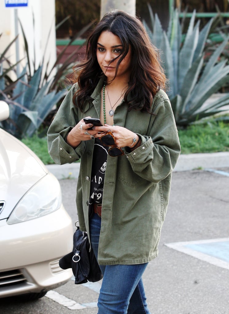 Vanessa Hudgens rocked a military-green shirt for St. Patrick's Day in March 2011 in LA.