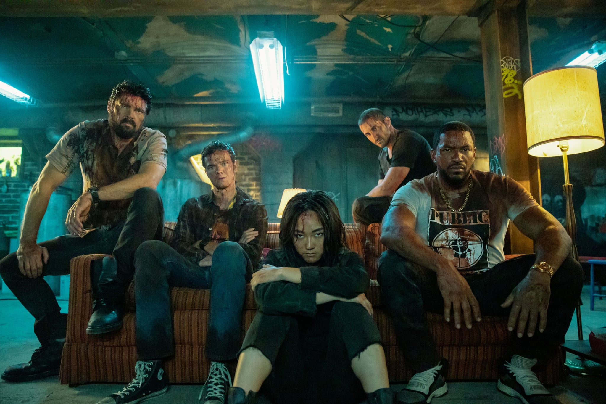 THE BOYS, from left: Karl Urban, Jack Quaid, Karen Fukuhara, Tomer Capon, Laz Alonso, Over the Hill With the Swords of a Thousand Men, (Season 2, ep. 203, aired Sep. 4, 2020). photo: Jasper Savage / Amazon / Courtesy Everett Collection