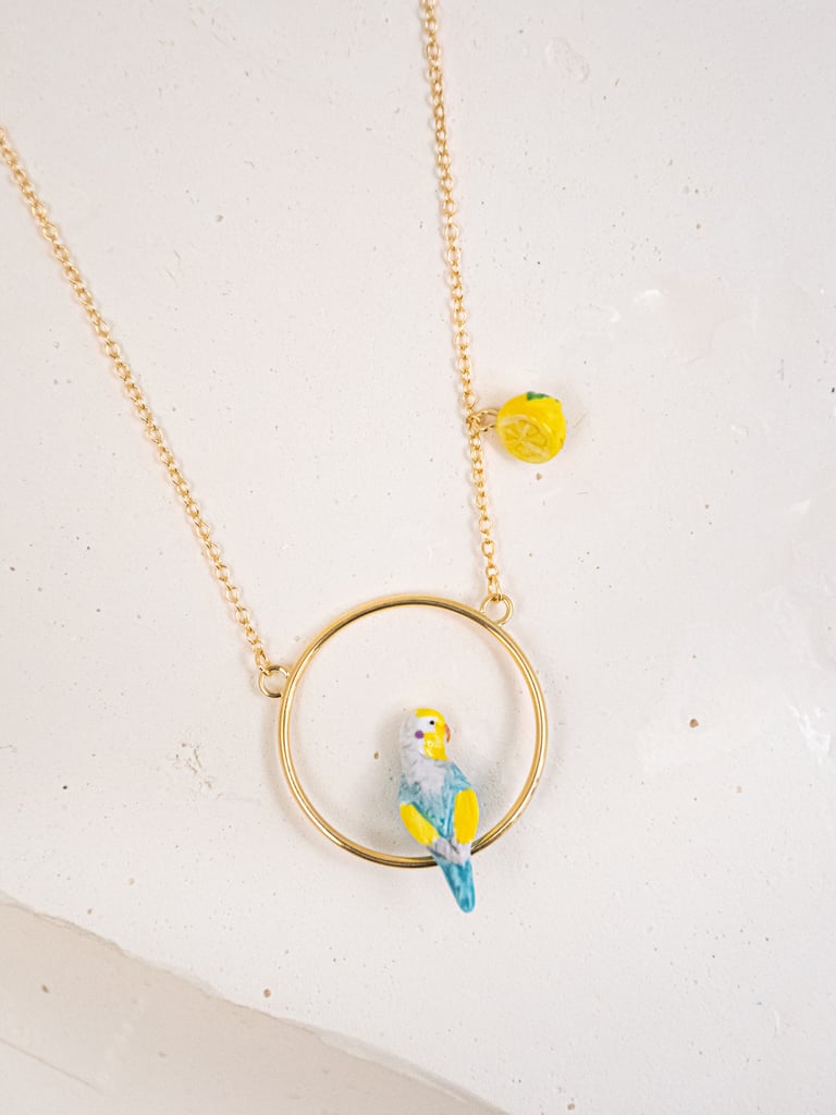 Nach Bijoux Blue Budgerigar Bird & Lemon Round Necklace