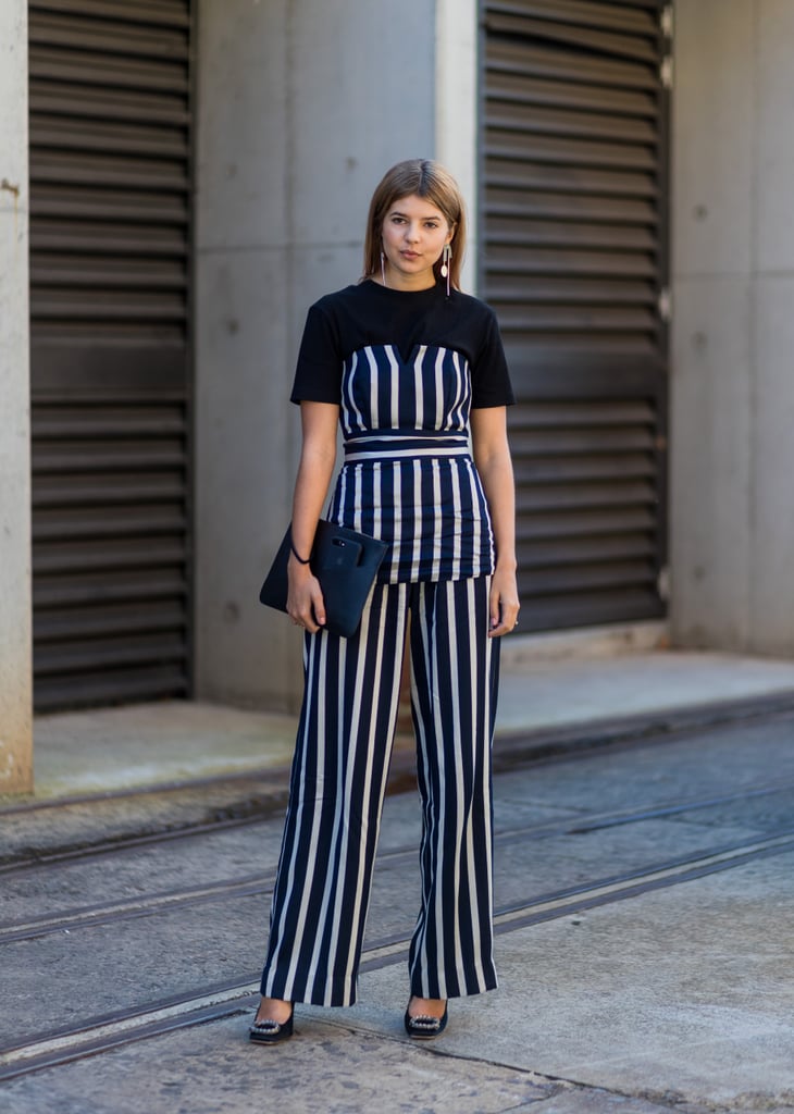 A striped coordinated set is vacation-ready on the boardwalk with wedges and boardroom appropriate with fancy shoes and an envelope clutch.