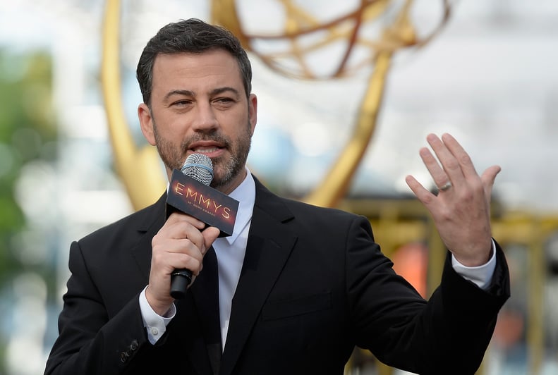 LOS ANGELES, CA - SEPTEMBER 14:  (EDITORS NOTE: Alternative crop of image 605663874) Host Jimmy Kimmel speaks during the red carpet  rollout for the 68th Emmy Awards press preview day at Microsoft Theater on September 14, 2016 in Los Angeles, California. 