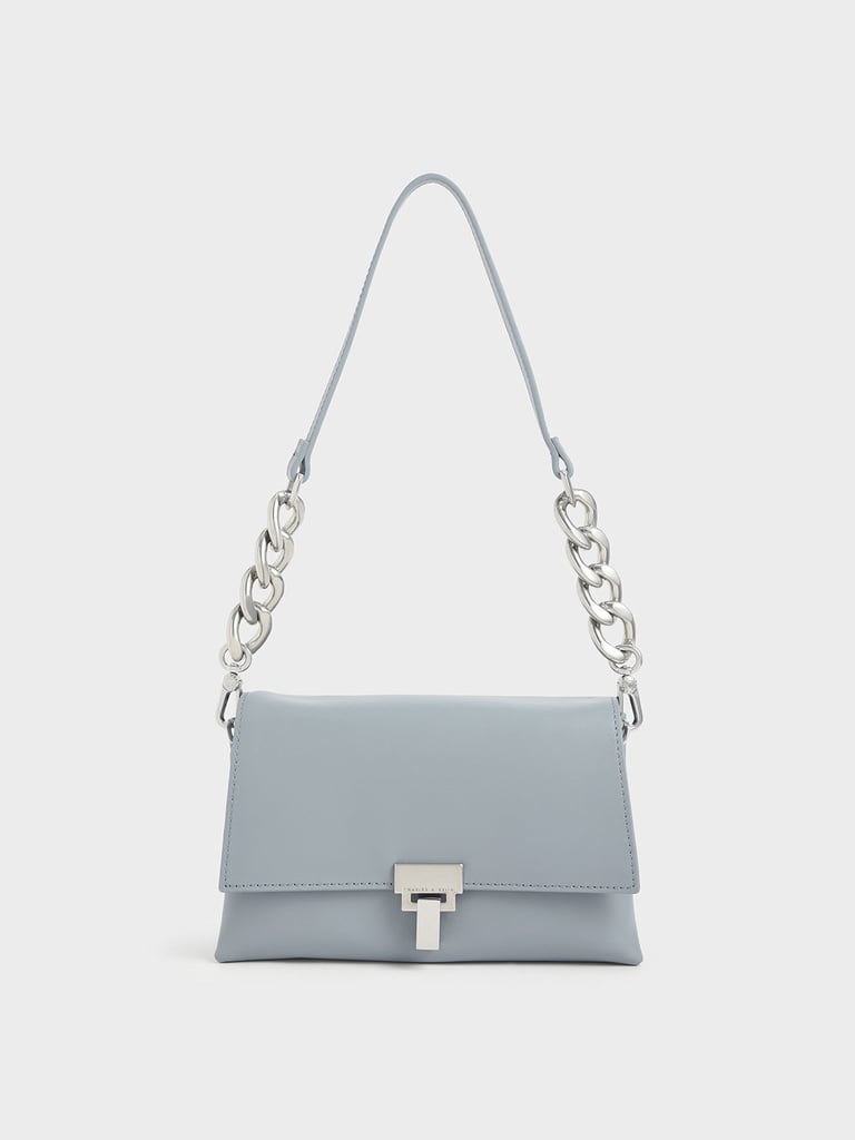 Charles & Keith Steel Blue Leather Push-Lock Shoulder Bag