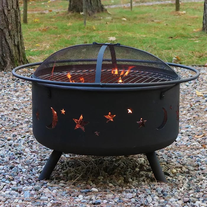 Sunnydaze Decor Cosmic Stars and Moon 30" Wood Burning Fire Pit With Cooking Grill