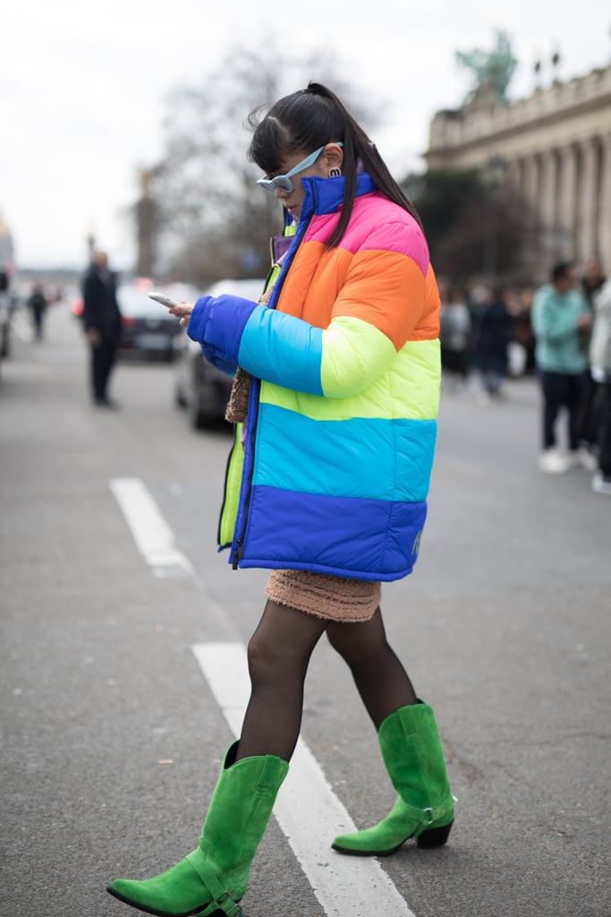 Leaf Greener wore her coat with a pair of green cowboy boots.