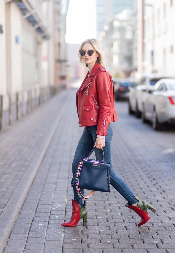 Skinny Jeans, a Red Leather Jacket, and Bold Ankle Boots Fall Outfit
