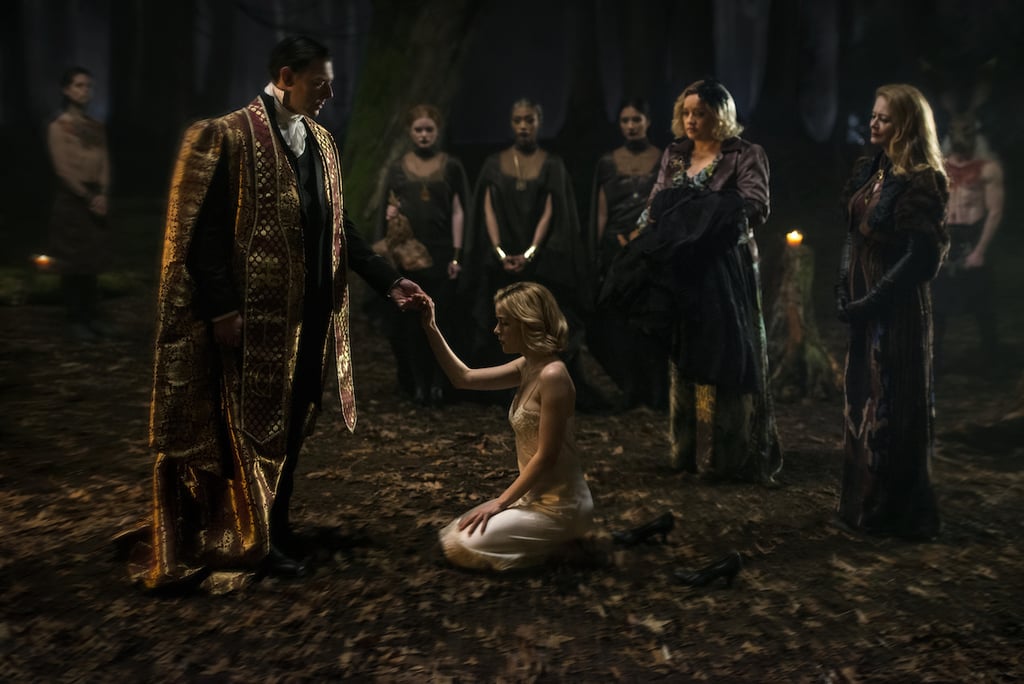 Richard Coyle, Kiernan Shipka, Lucy Davis, and Miranda Otto as Father Blackwood, Sabrina, Hilda, and Zelda