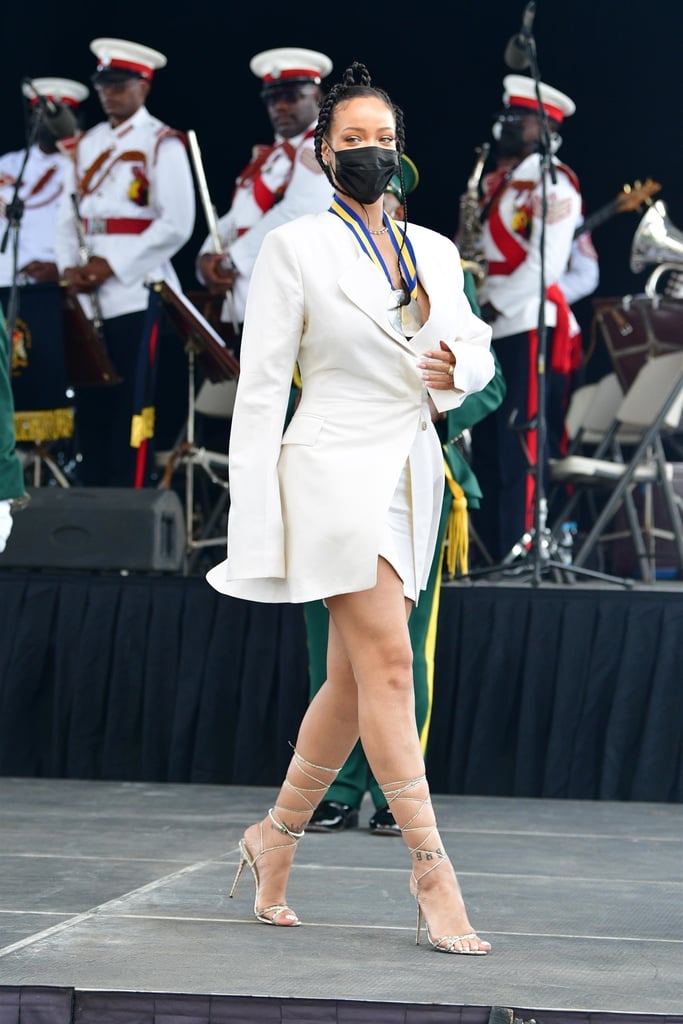 Rihanna Wears a White Dress and Blazer in Barbados