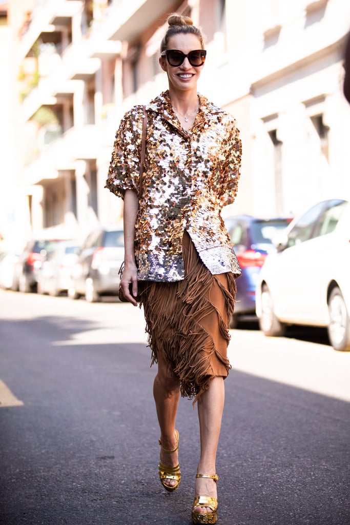 Style a Sparkly Blazer With a Fringed Skirt