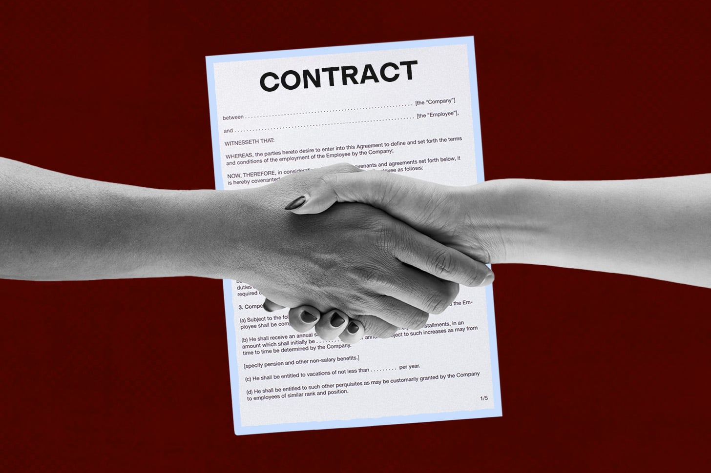 Designed Image of a Contract on a Maroon Background With Two Hands Shaking Hands 