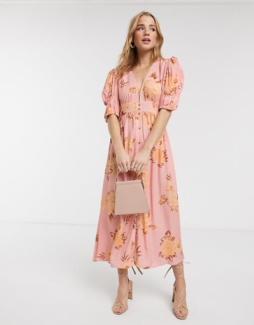 Keepsake Button Through Forever Floral Midi Dress in Tan Gardenia