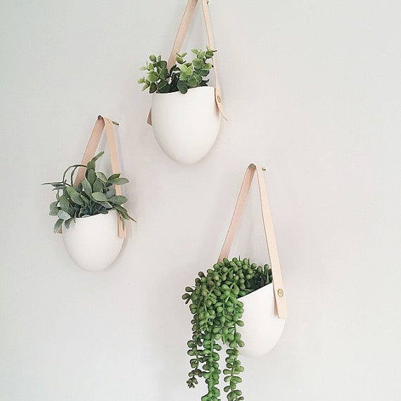Set of 3 Spora With Leather Porcelain Hanging Planters Best Hanging