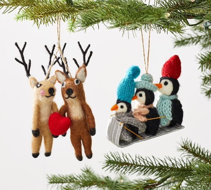 Felt Reindeer and Penguin Ornaments Set of 2