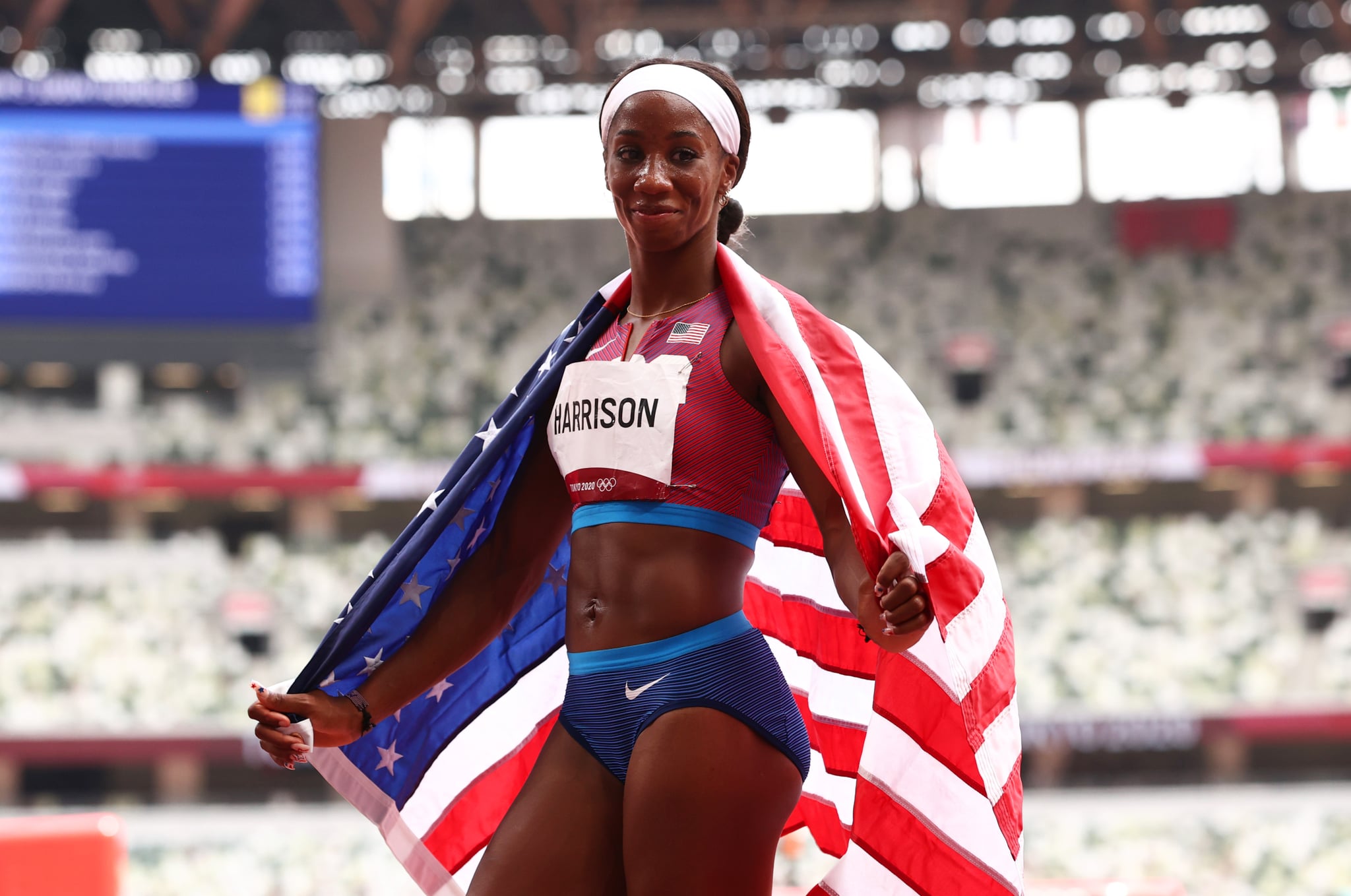 TOKYO, JAPAN - AUGUST 02: Kendra Harrison of Team United States reacts after winning the silver medal in the Women's 100m Hurdles Final on day ten of the Tokyo 2020 Olympic Games at Olympic Stadium on August 02, 2021 in Tokyo, Japan. (Photo by Ryan Pierse/Getty Images)