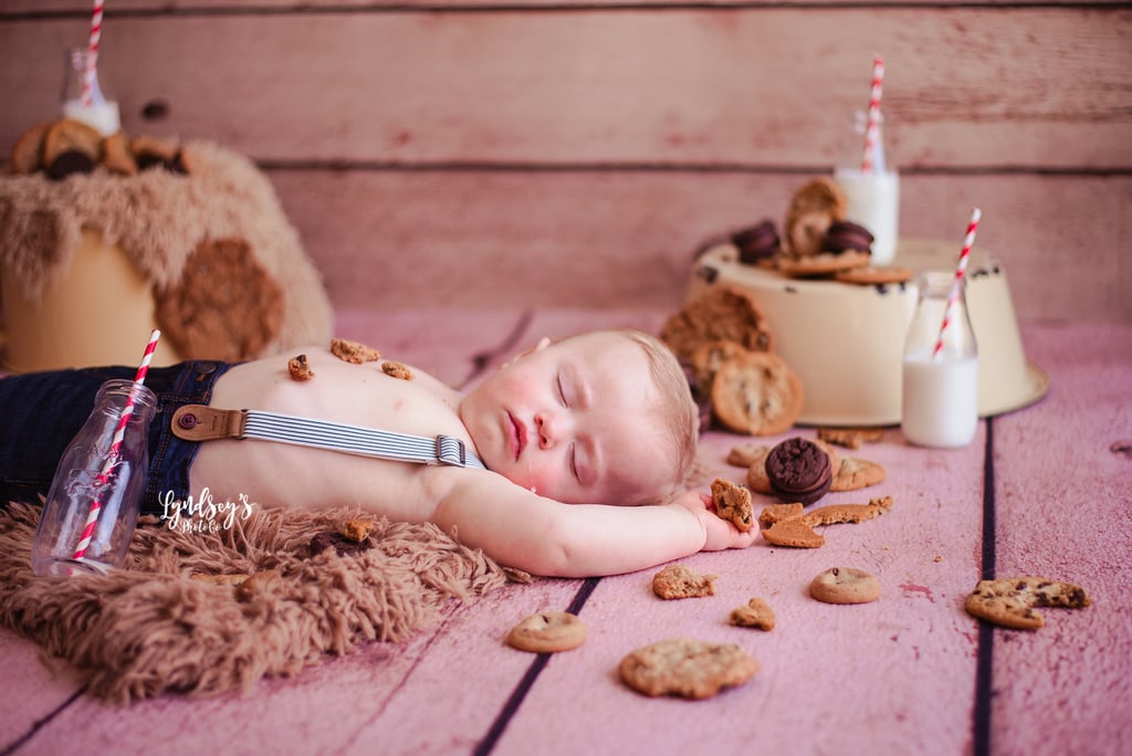 Photos of Baby Asleep During Milk and Cookies Birthday Shoot