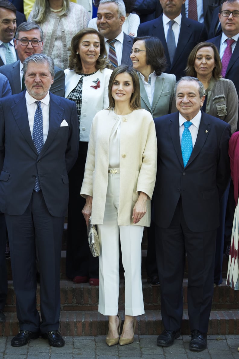 Queen Letizia Paired a Beige Jacket With a White Top, Tailored Pants, and Beige Heels