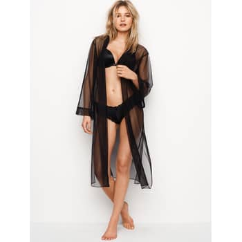 VICTORIA'S SECRET Black Satin Kimono Robe One Size Lingerie NWT