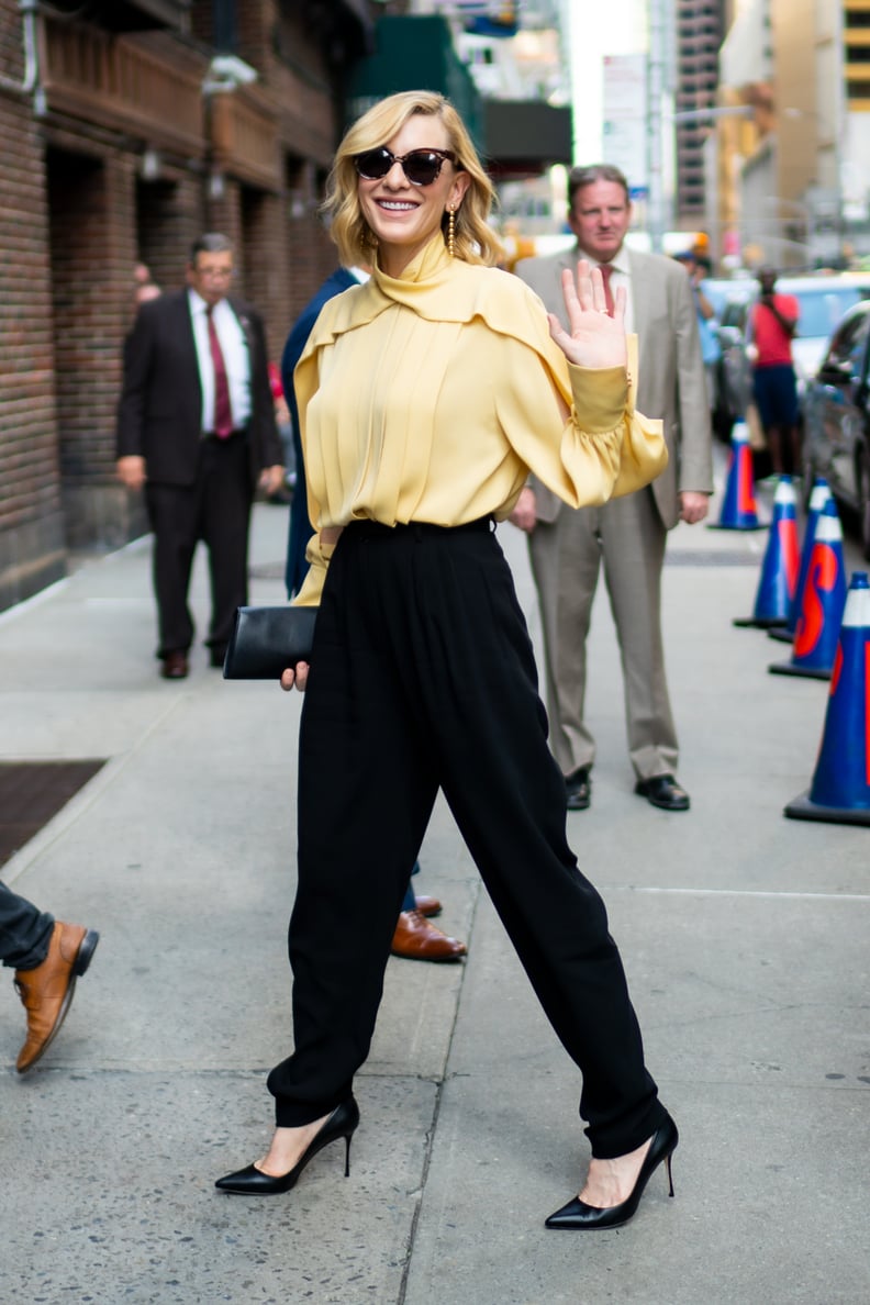 Cate Blanchett Wears Pantsuit With Blue Sleeves and Huge Shoulder Pads