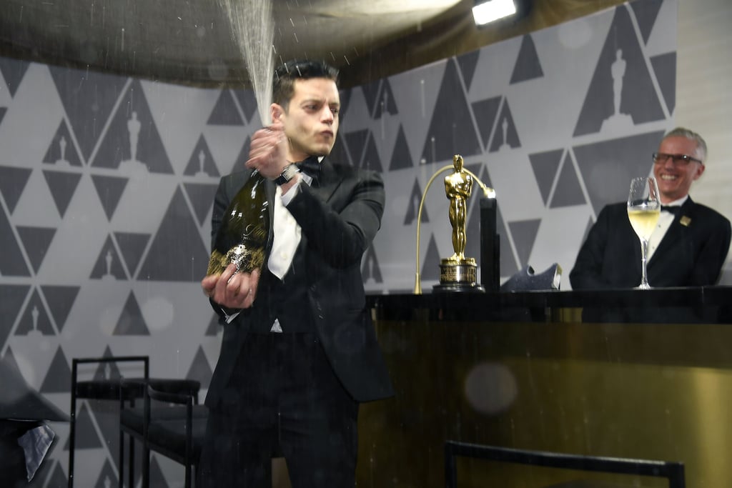 Rami Malek Spraying Champagne at the 2019 Oscars