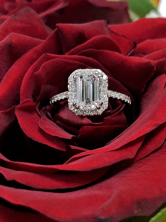 Etsy Halo Emerald Cut Diamond Ring