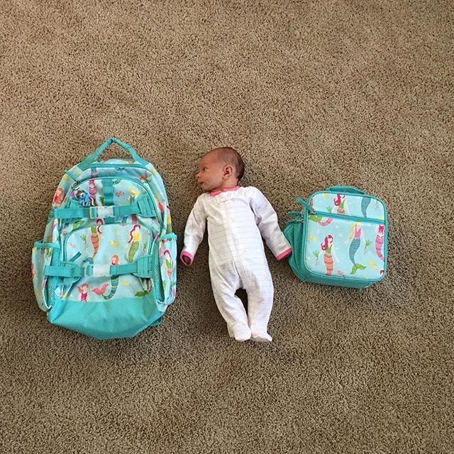 Baby vs. backpack and lunch bag.