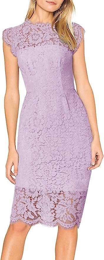 Merokeety Sleeveless Lace Floral Cocktail Dress ($42, originally $60)
Lavender is proving to be the colour of the season this summer, and we're obsessed with the way the delicate hue is embraced in this lacy number. Pair this formal dress with nude heels and a cute crossbody bag for a look that'll align with every dress code this season — from weddings to work events and beyond.