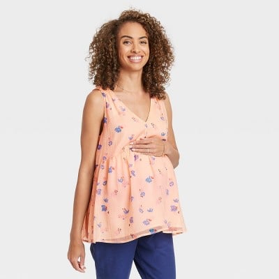 The Nines by Hatch Maternity Floral-Print V-Neck Smocked-Shoulder Chiffon Tank Top