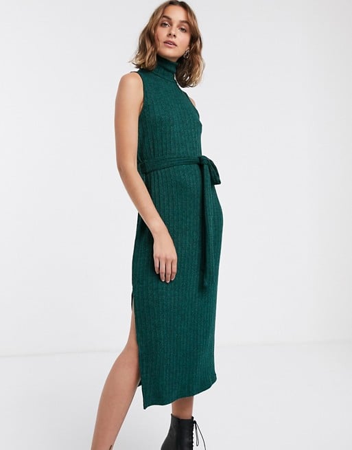 ASOS Design High Neck Rib Midi Dress With Belt