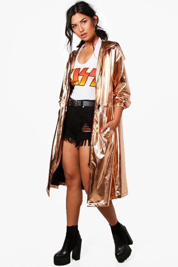 Boohoo Hayley Metallic Hooded Maxi Rain Coat