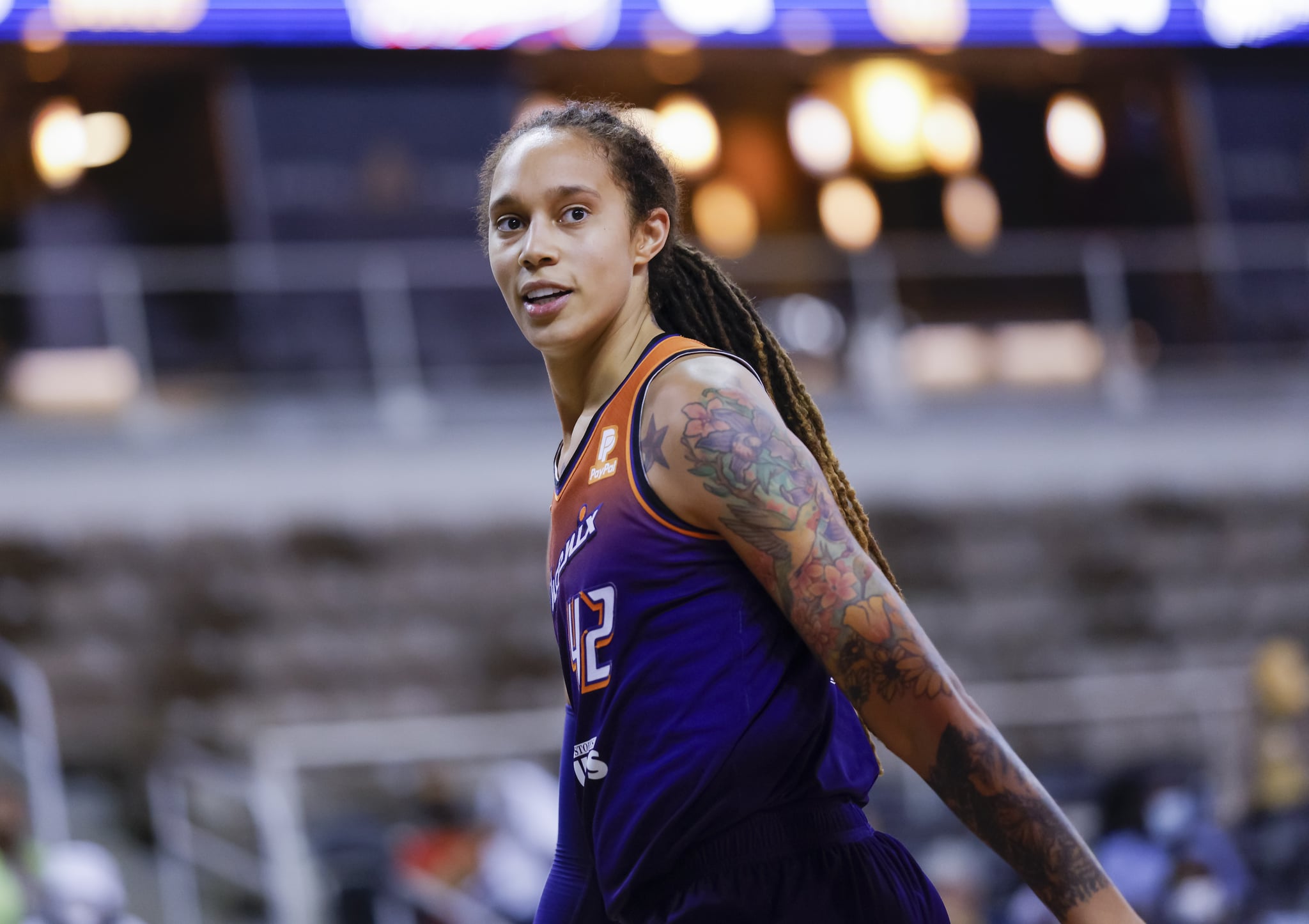 INDIANAPOLIS, IN - SEPTEMBER 06: Brittney Griner #42 of the Phoenix Mercury is seen during the game against the Indiana Fever at Indiana Farmers Coliseum on September 6, 2021 in Indianapolis, Indiana. NOTE TO USER: User expressly acknowledges and agrees that, by downloading and or using this photograph, User is consenting to the terms and conditions of the Getty Images Licence Agreement.(Photo by Michael Hickey/Getty Images)