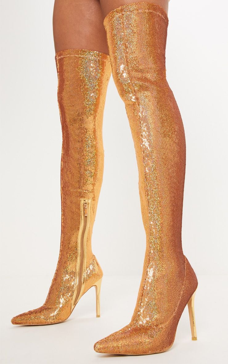 Pretty Little Thing Gold Over the Knee Sequin Sock Boots