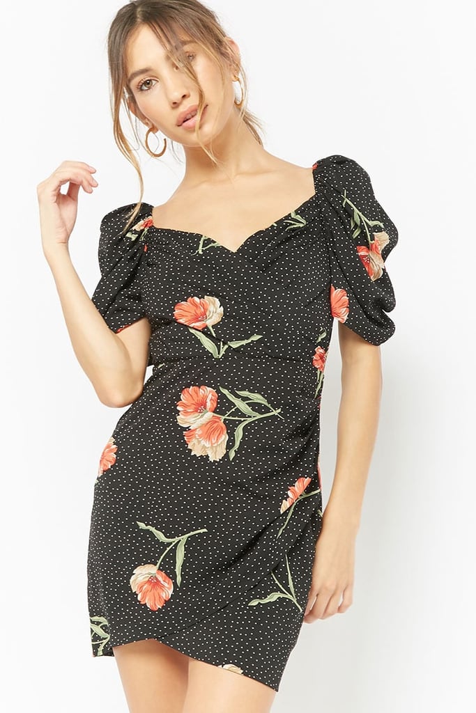 Polka Dot & Floral Print Surplice Dress